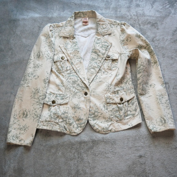 Faded Glory Jackets & Blazers - Vintage Faded Glory Womens Size 10 Khaki Green Floral Print Denim Jean Jacket